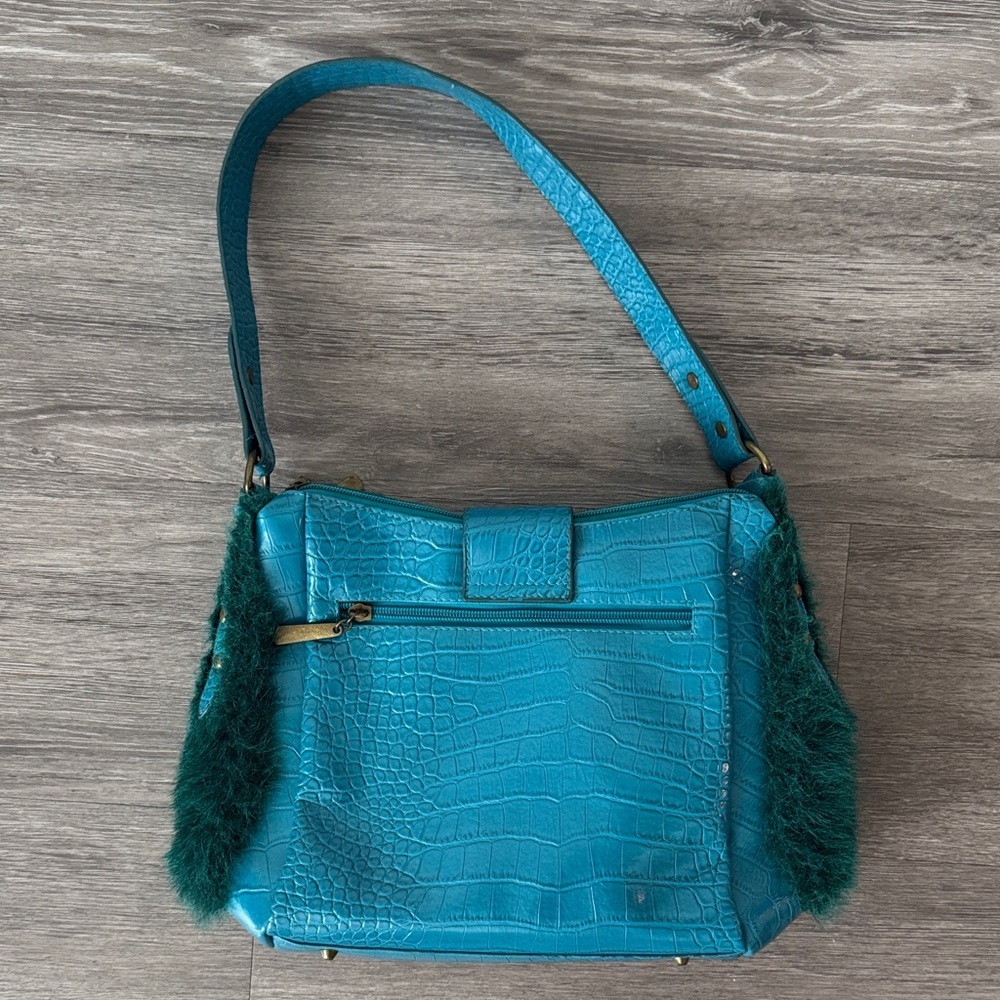 Teal Faux-Fur Shoulder Bag with Croc Texture - Picture 2 of 13